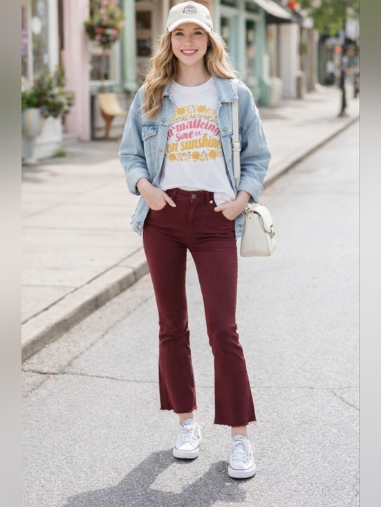 American Eagal NE(X)T LEVEL STRETCH Hi-Rise Crop Flare Burgandy Jean Pants NWOT - Picture 5 of 10